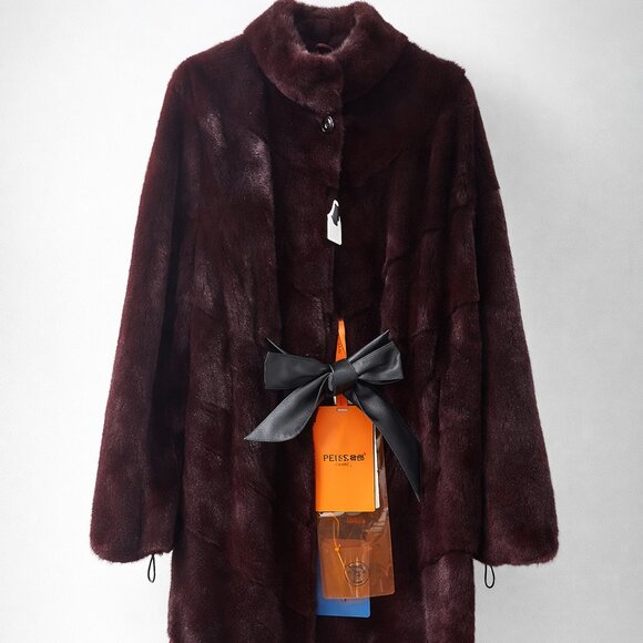 NEW Genuine Mink Fur Coat Burgundy Women Luxury Full Length Jacket